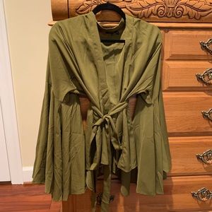 Green Waist-Tie Bell-Sleeve Wrap Top
